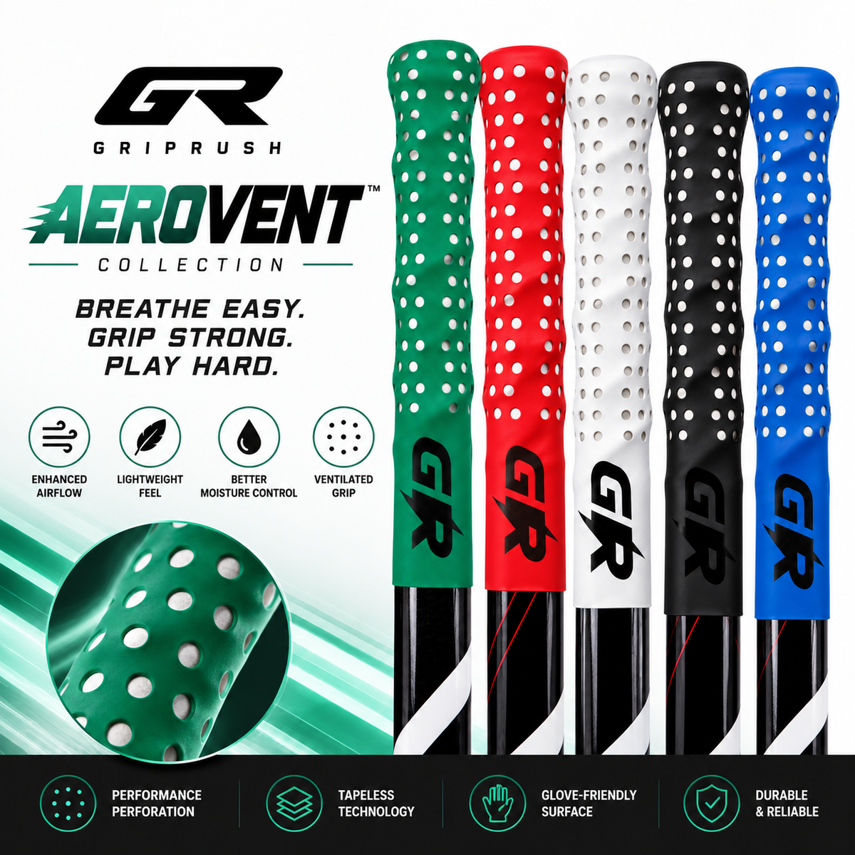 GripRush AeroVent™ Collection | Ventilated Tapeless Hockey Stick Grip